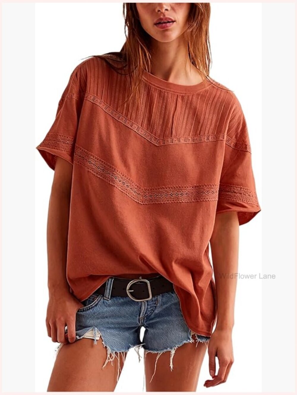 Oversized Crochet Lace Top Crewneck Short Sleeve Boho Blouse Cotton Summer
